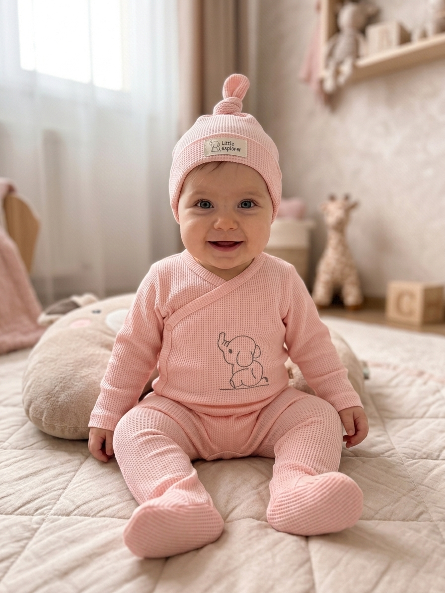 Сладък розов бебешки комплект от 3 части „Little Explorer“- сьомга