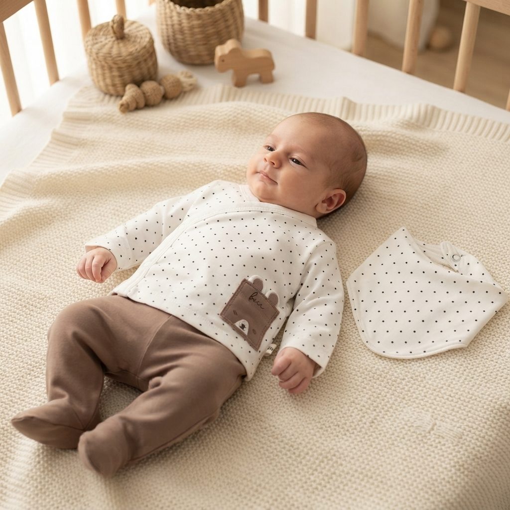 Нежен бебешки комплект с мече и точки (3 части)