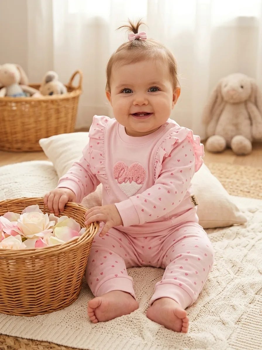 Сладък розов комплект за бебе с Love сърце и къдрички