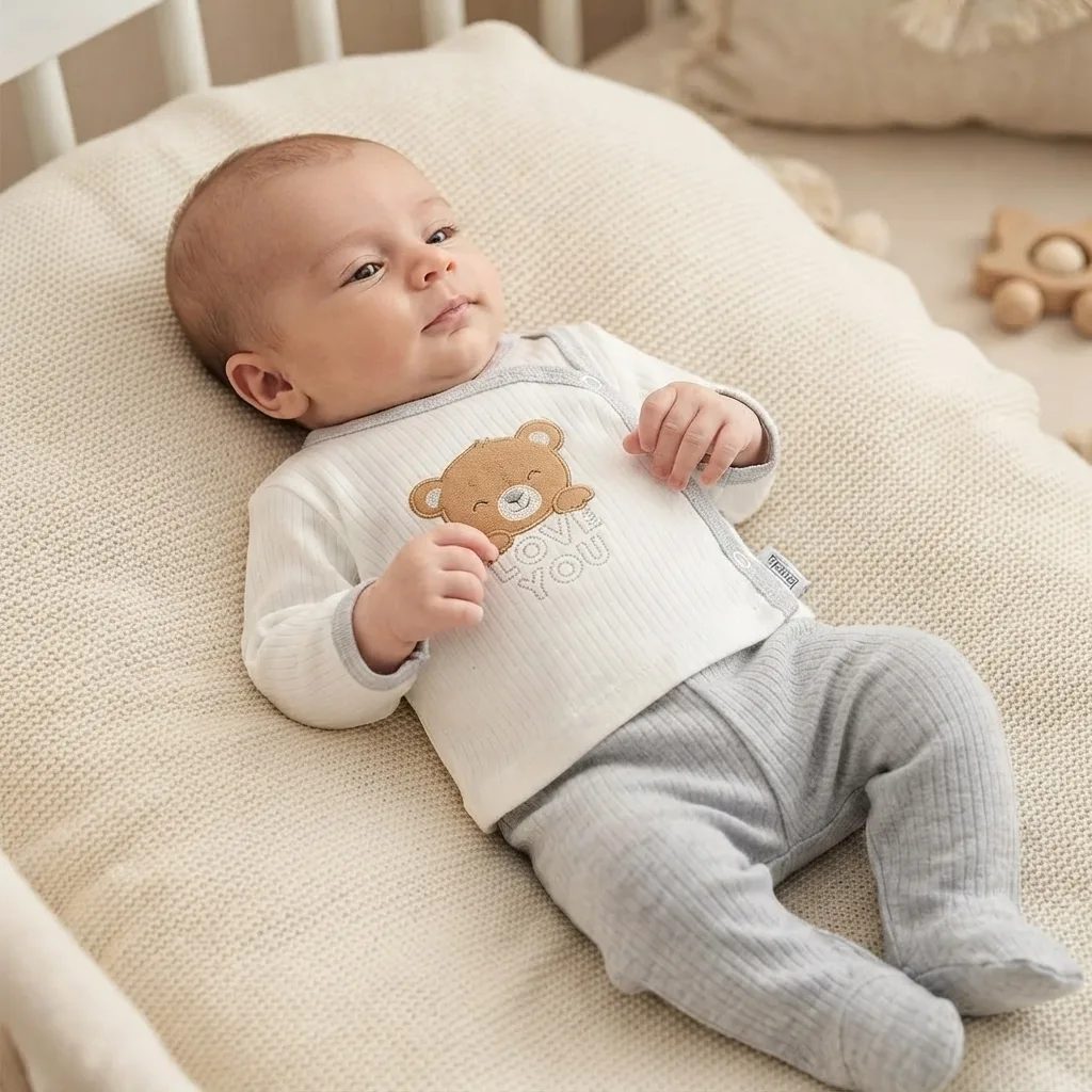 Нежен бебешки комплект с блузка с мече и рипсени панталонки