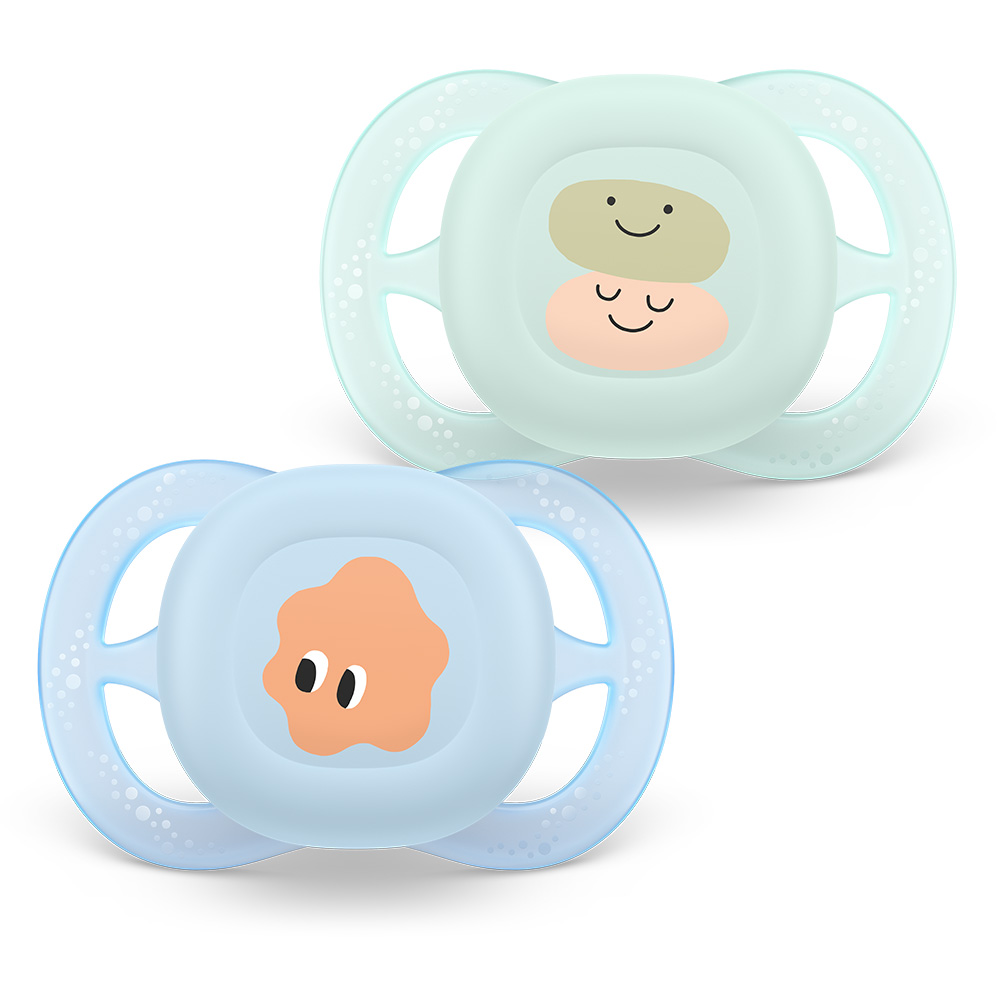 Комплект от 2 бр. ортодонтски силиконови залъгалки за новородени Philips AVENT SCF075/14 Ultra Start, в синьо и зелено със забавен декор, в кутия за стерилизиране