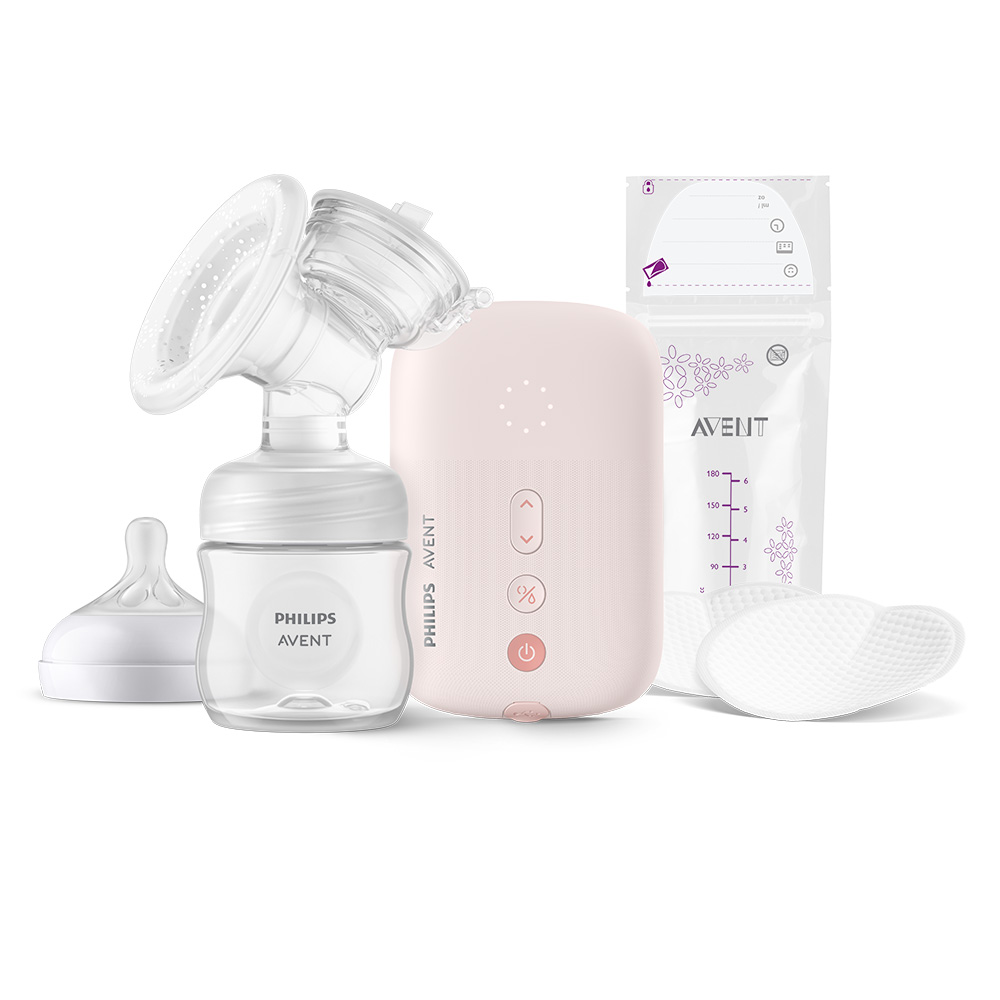 Единична електрическа помпа Natural Motion Philips AVENT SCF395/31 Advanced с 1 бр. полипропиленово шише от 125 мл с биберон Natural Response 0м+, 5 бр. торбички за кърма и 4 бр. подплънки