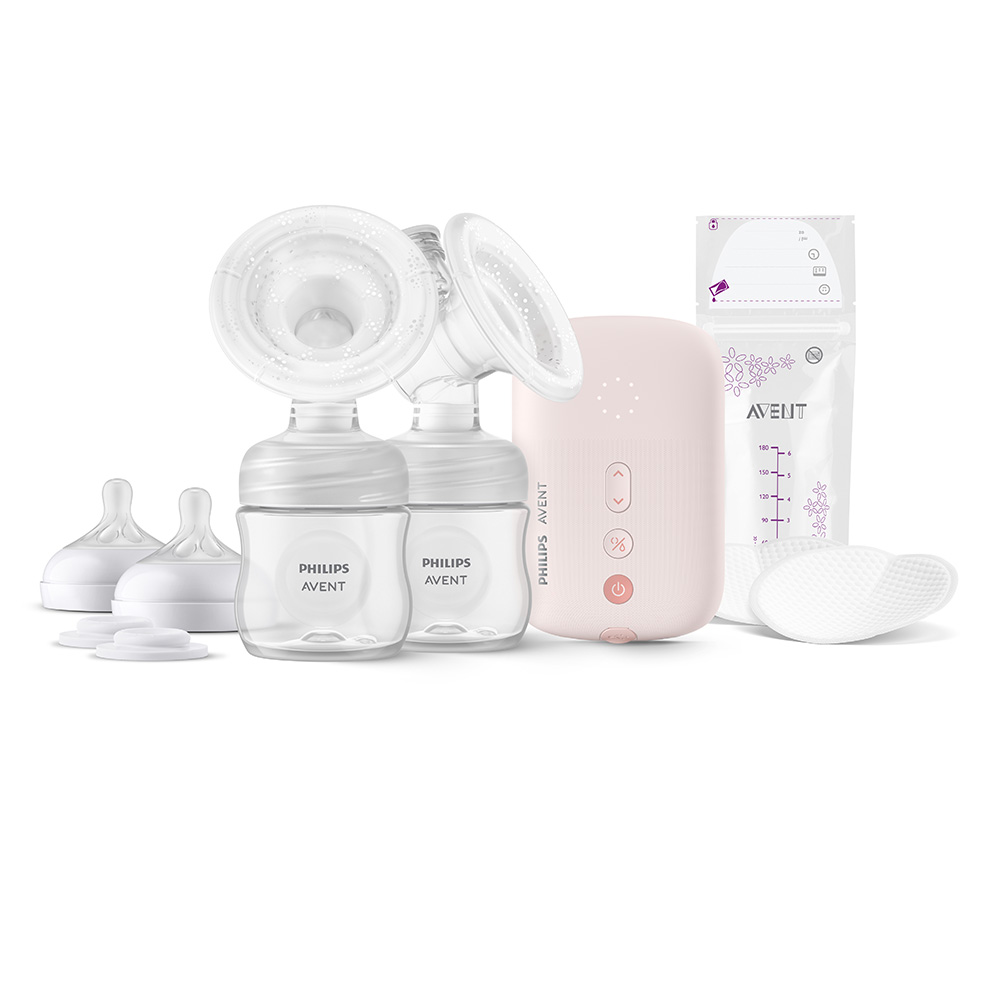 Двойна електрическа помпа Philips AVENT Natural Motion Advanced SCF395/31 с 2 бр. полипропиленови шишета 125 мл с биберон Natural Response 0м+, 5 бр. торбички за кърма и 2 бр. подплънки