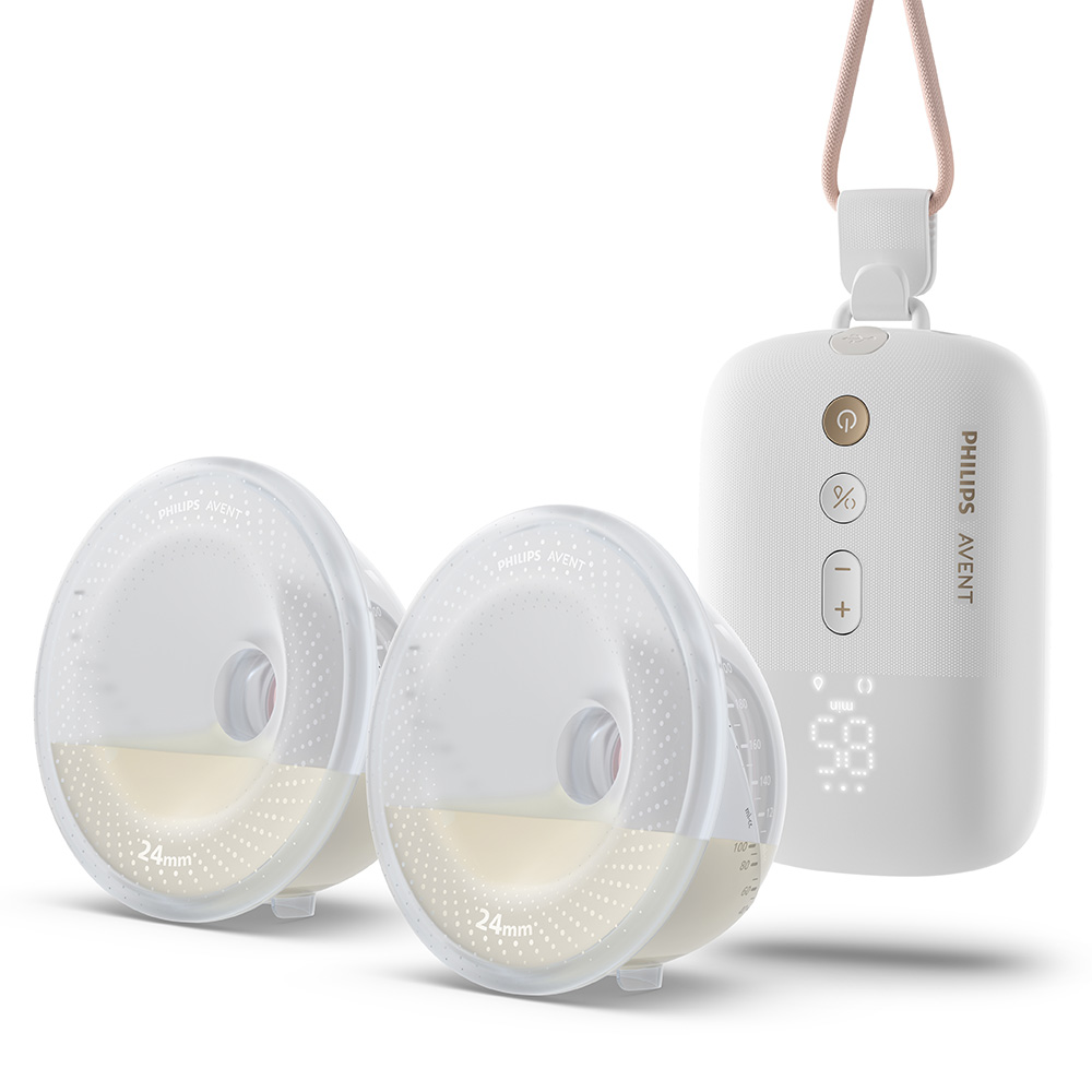 Двойна електрическа помпа Philips AVENT Hands-free SCF532/11 тип “свободни ръце”, която дискретно се побира в сутиена, задвижващ мотор с акумулаторна батерия