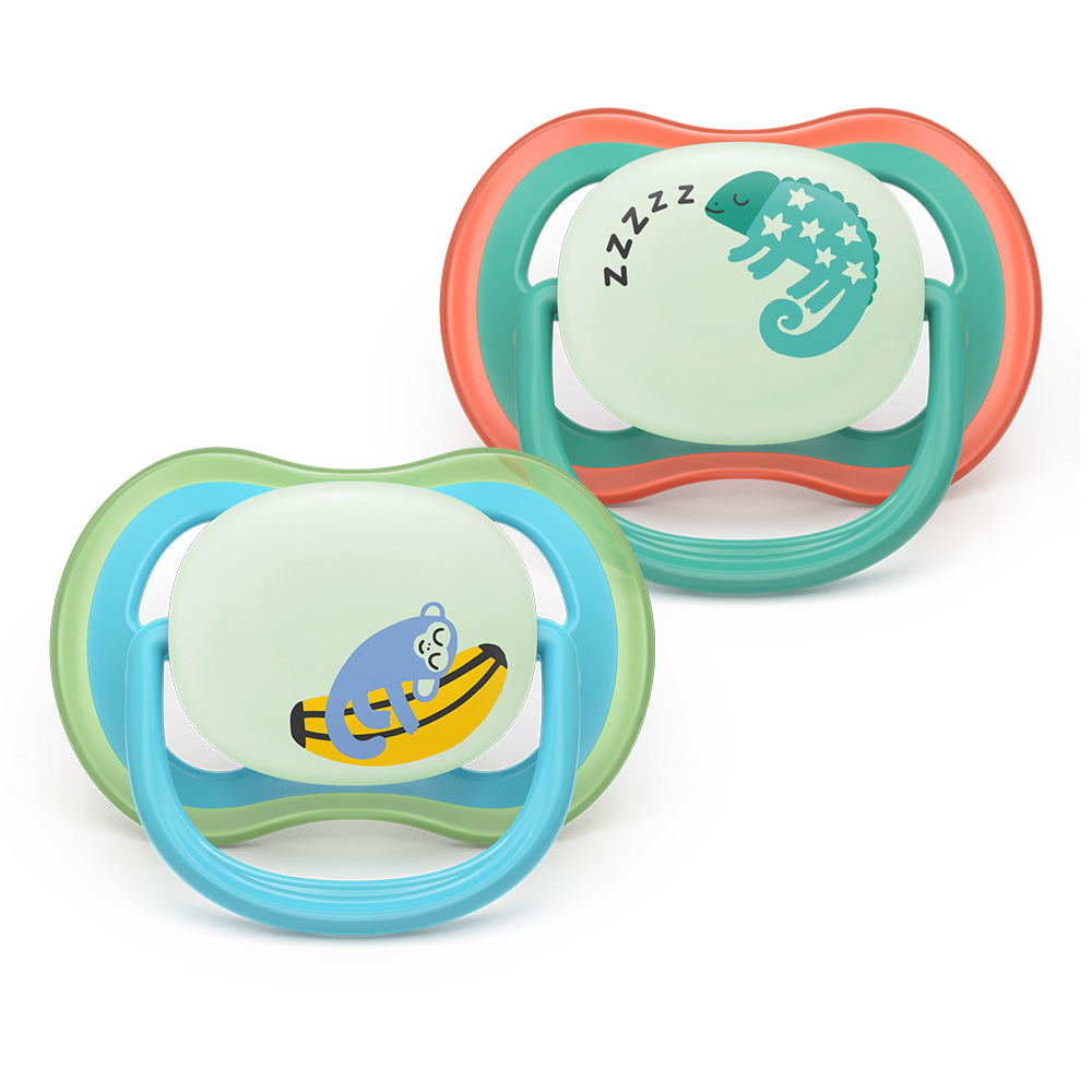 2 броя светещи в тъмното, ортодонтски силиконови залъгалки Philips AVENT SCF376/28 Ultra Air NightTime, 6-18м, с картинки, в кутия за стерилизиране