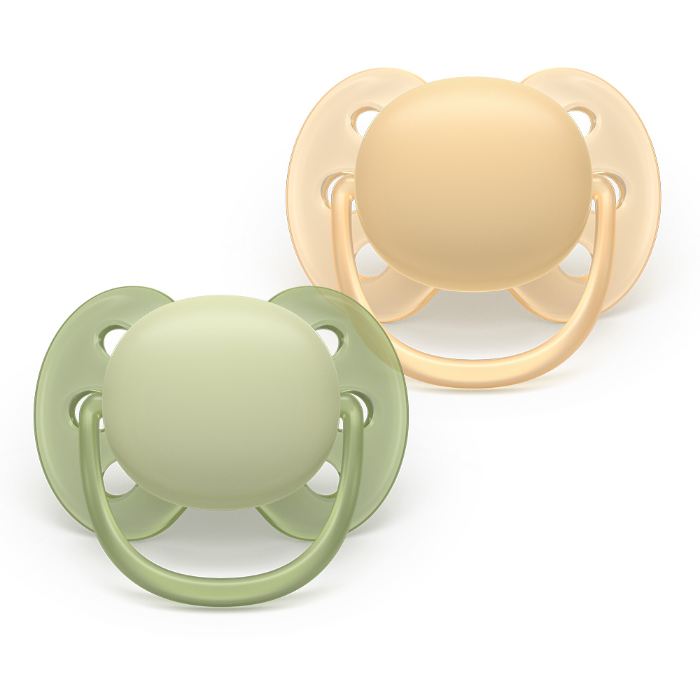 Комплект от 2 броя ортодонтични силиконови залъгалки Philips AVENT Ultra Soft SCF091/45, в кутия за стерилизиране, plant-based