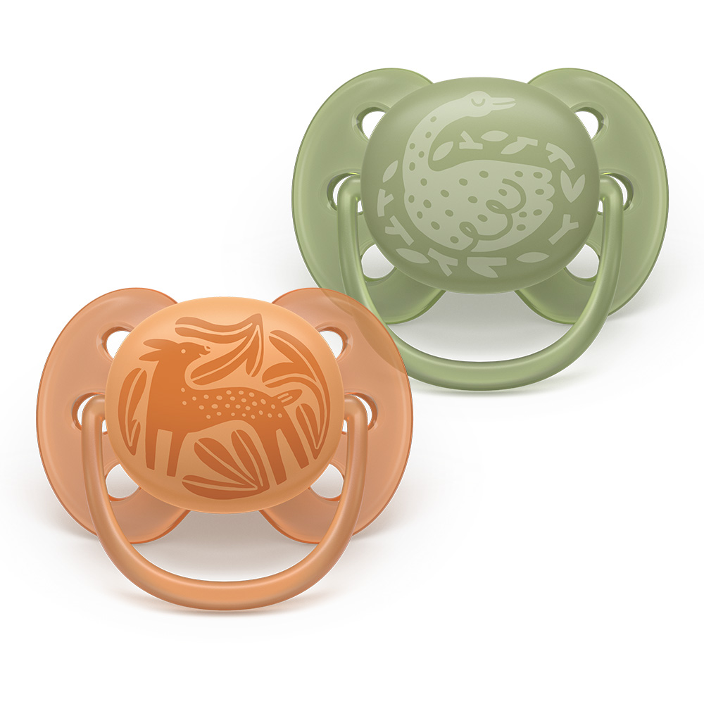 Комплект от 2 броя ортодонтични силиконови залъгалки Philips AVENT Ultra Soft SCF093/06, в кутия за стерилизиране, plant-based