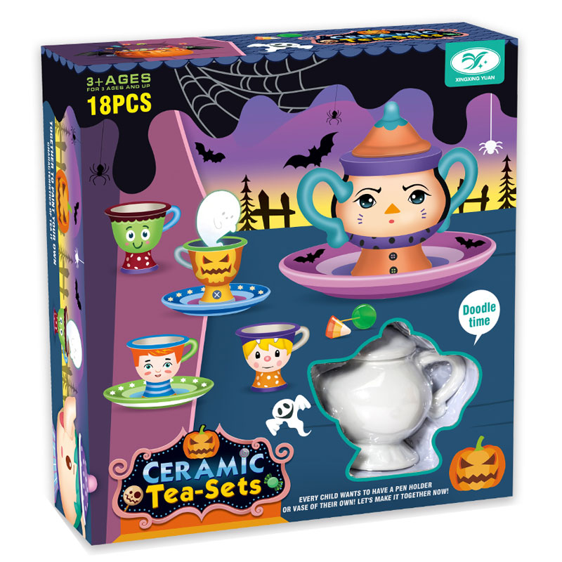 Детски сервиз за чай Raya Toys за оцветяване, с бои и четки, 18 части